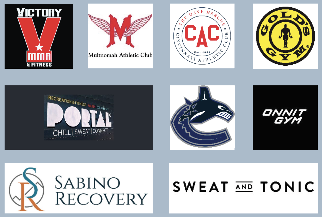 Logos of featured bluecube ice bath customers Los Angeles Tennis Club, Pure Sweat Sauna Studio, Sage Float Spa, Pura Vida Wellness, Onnit Gym, Multnomah Athletic Club, Cincinnati Athletic Club, Gold’s Gym, Optimyze, Sweat and Tonic, Fyre Sauna, Los Angeles Dodgers, Vancouver Canucks, Victory MMA & Fitness, Legacy, Portal, Cold Plunge Coffee, Sabino Recovery