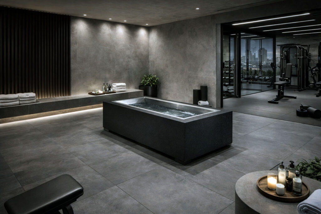 Black BlueCube Modular Cold Plunge in Luxury Gym
