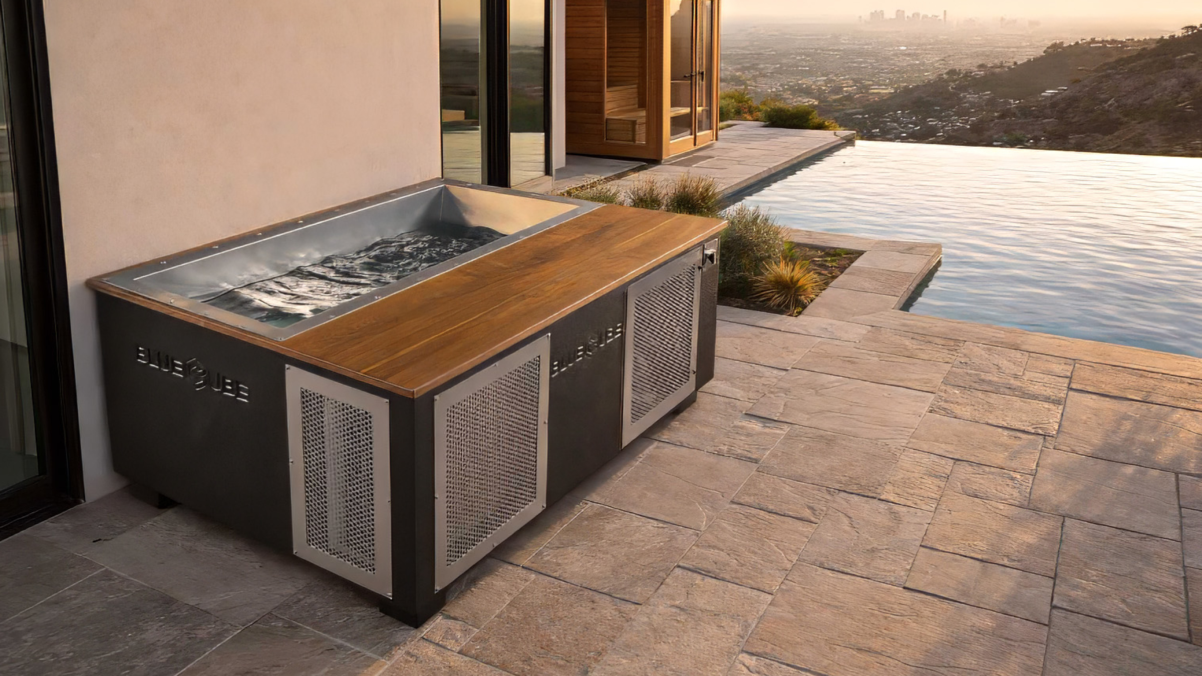 C3 BlueCube Luxury Cold Plunge Ice Bath with Wood Deck in a beautiful LA yard with a sauna