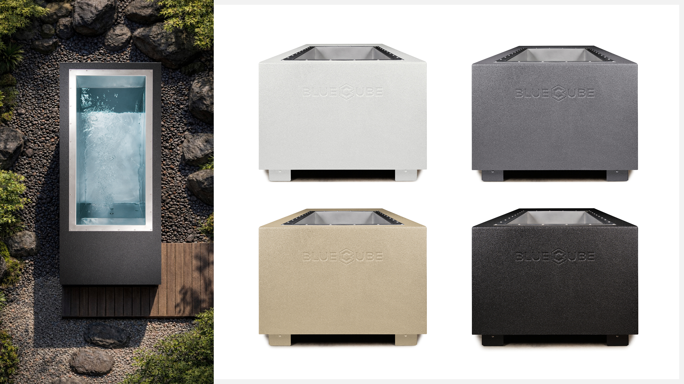 varieties of model c1 BlueCube Cold Plunges all next to each other