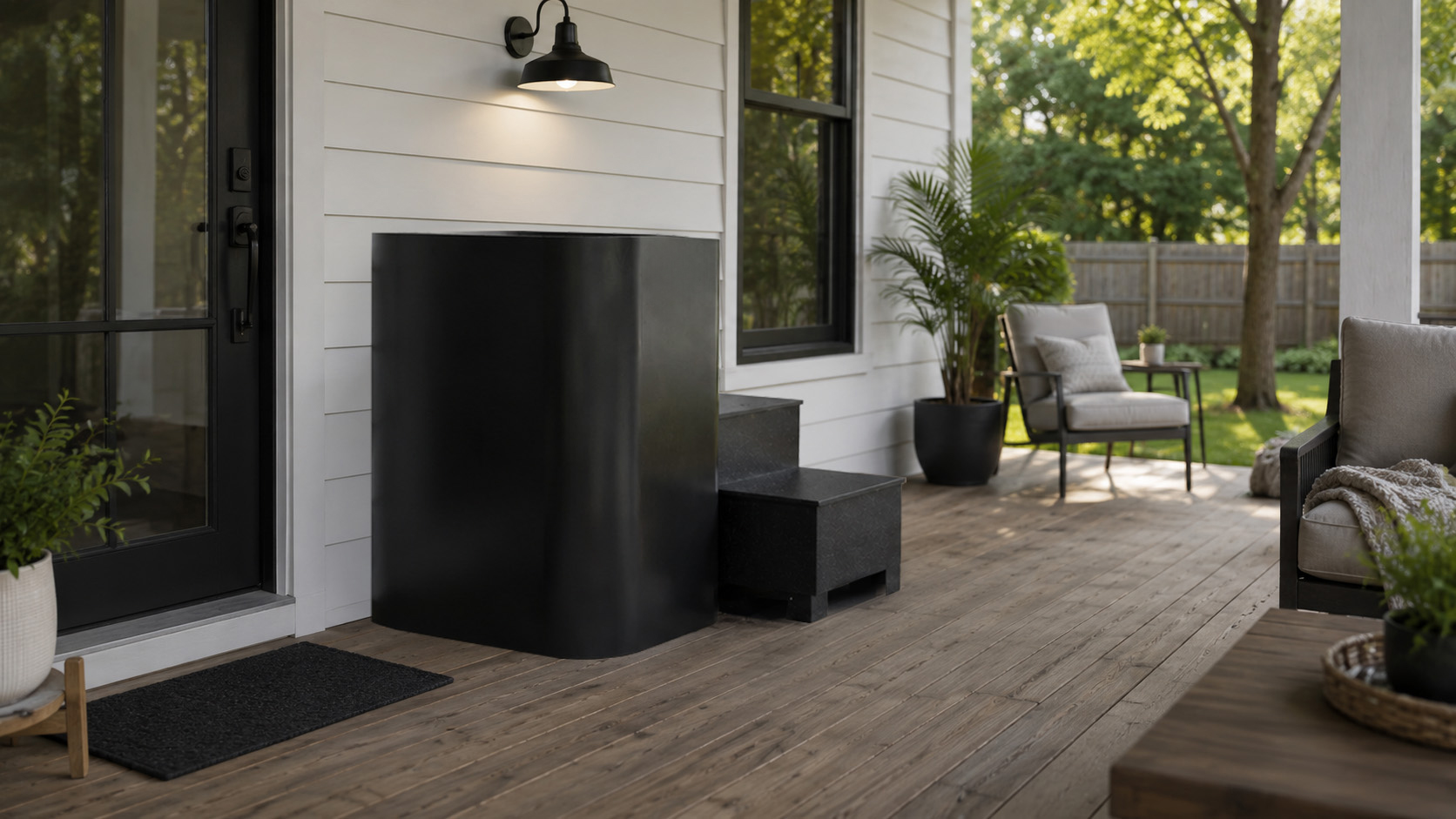 Black D1 BlueCube Cold Plunge in outdoor porch