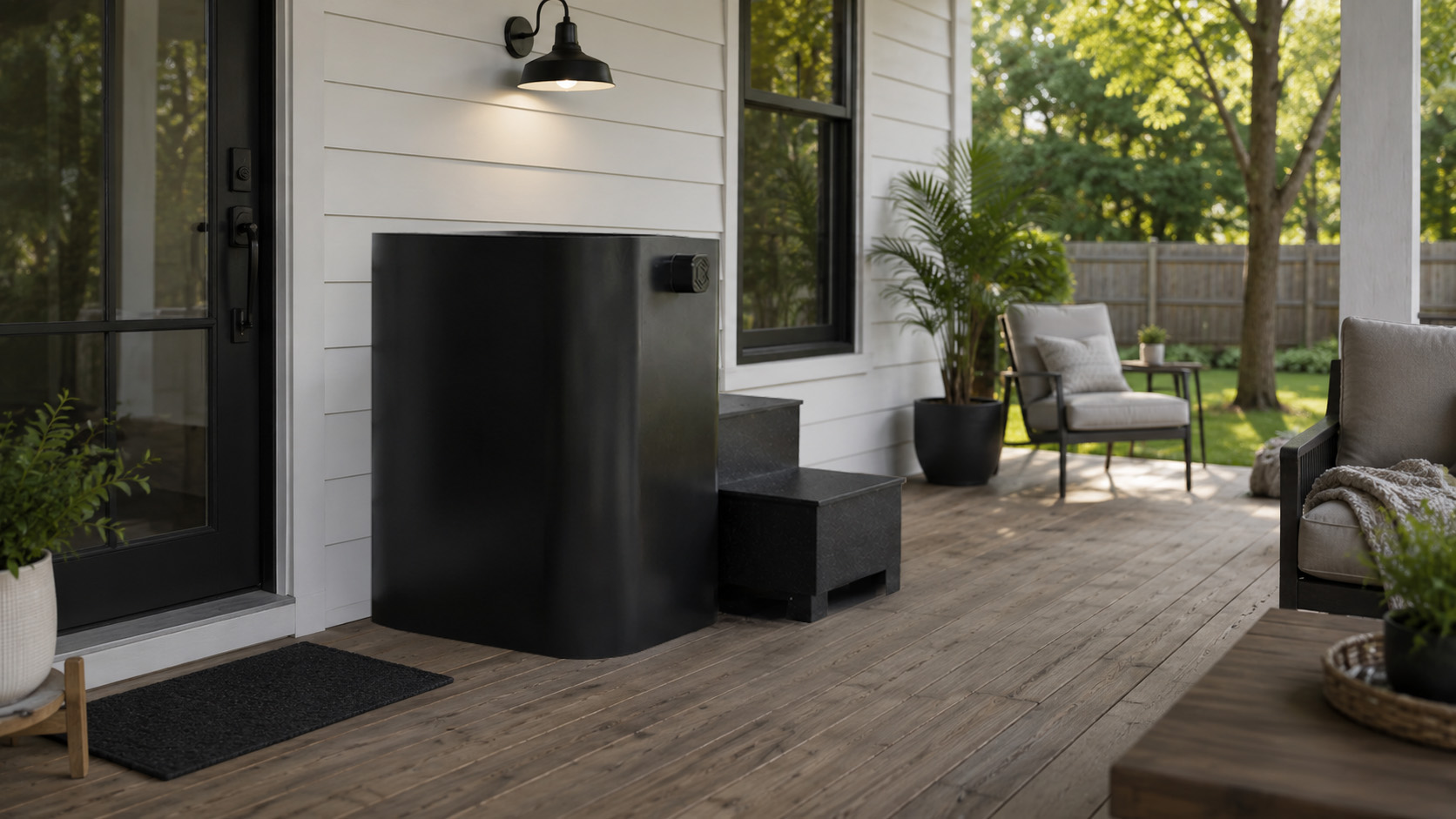 Black D1 BlueCube Cold Plunge outdoor porch area
