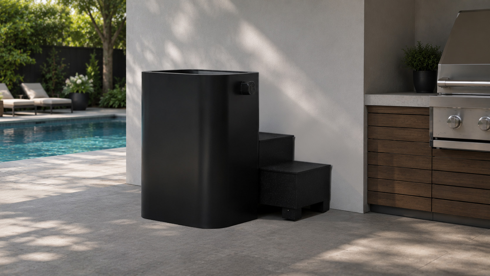 Black Upright on a porch with pool outdoor BlueCube Cold Plunge ice bath