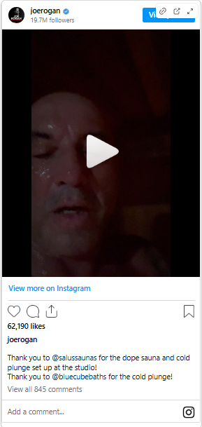 Joe Rogan's June 2022 Instagram post thanking BlueCube for the cold plunge at the JRE studio