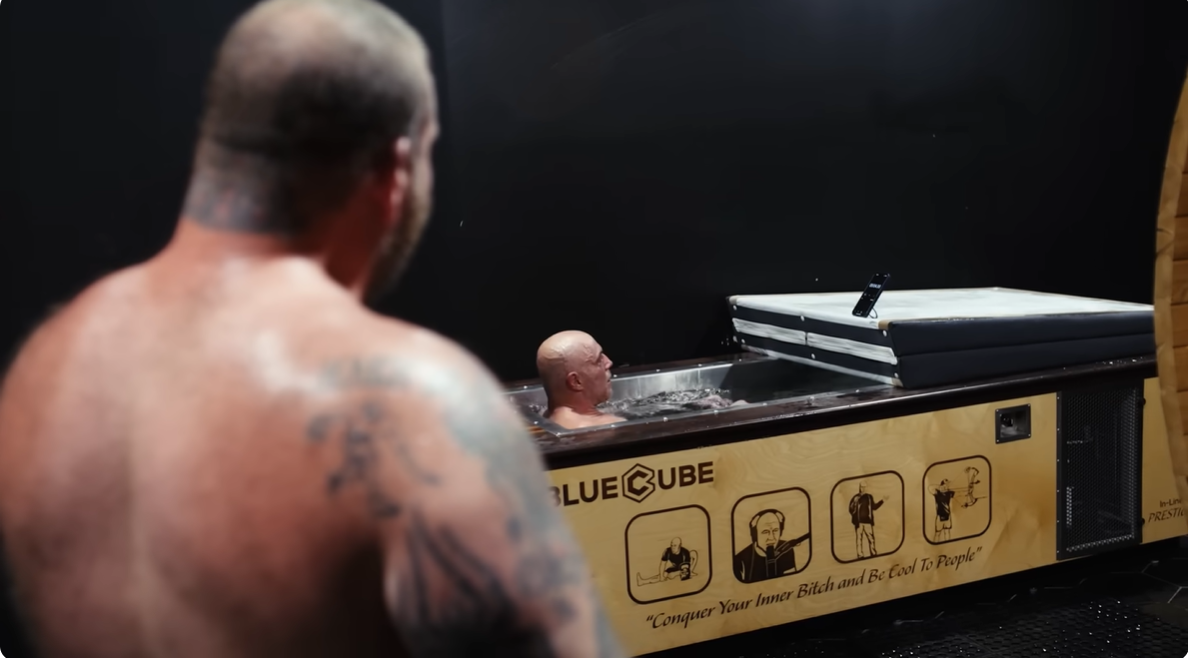 Action Bronson watches Joe Rogan cold plunge in the BlueCube at the JRE studio