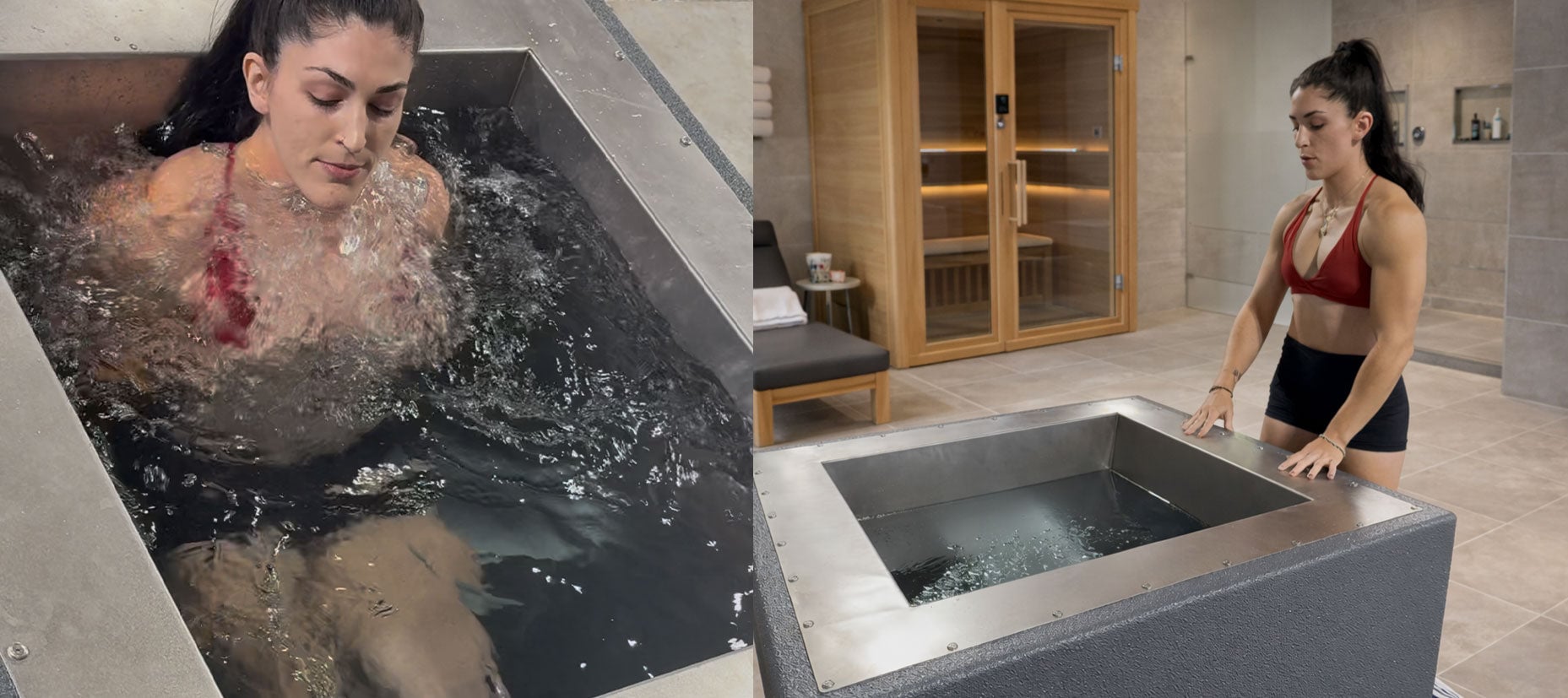 Woman in a Limitless BlueCube cold plunge tub at a recovery spa with a sauna in the background